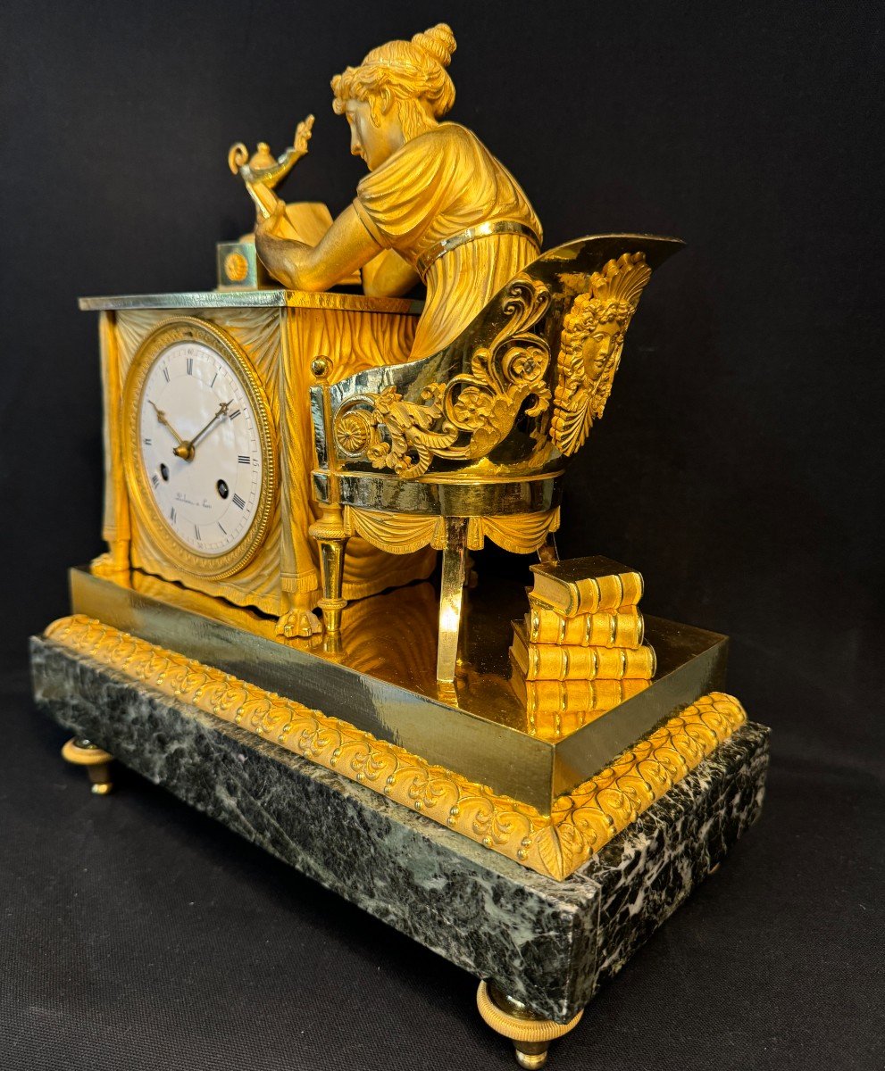 Clock ''la Liseuse'' In Gilded Bronze By Ja Reiche, Empire Period-photo-4