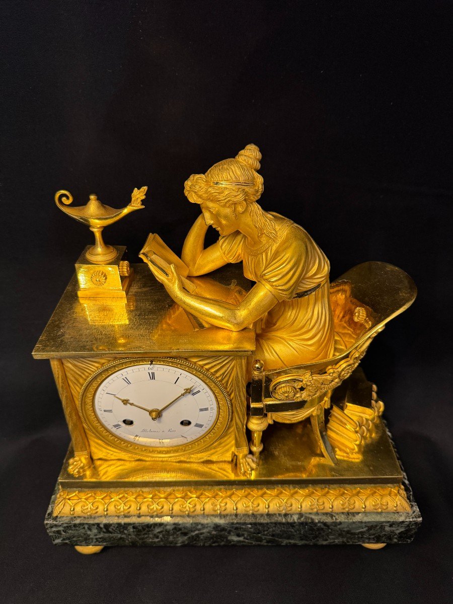 Clock ''la Liseuse'' In Gilded Bronze By Ja Reiche, Empire Period-photo-1