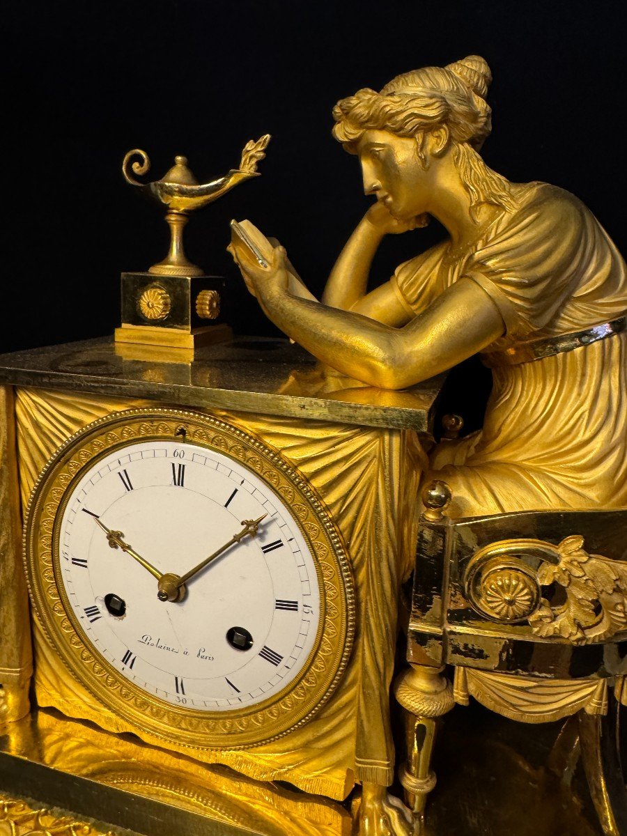 Clock ''la Liseuse'' In Gilded Bronze By Ja Reiche, Empire Period-photo-4