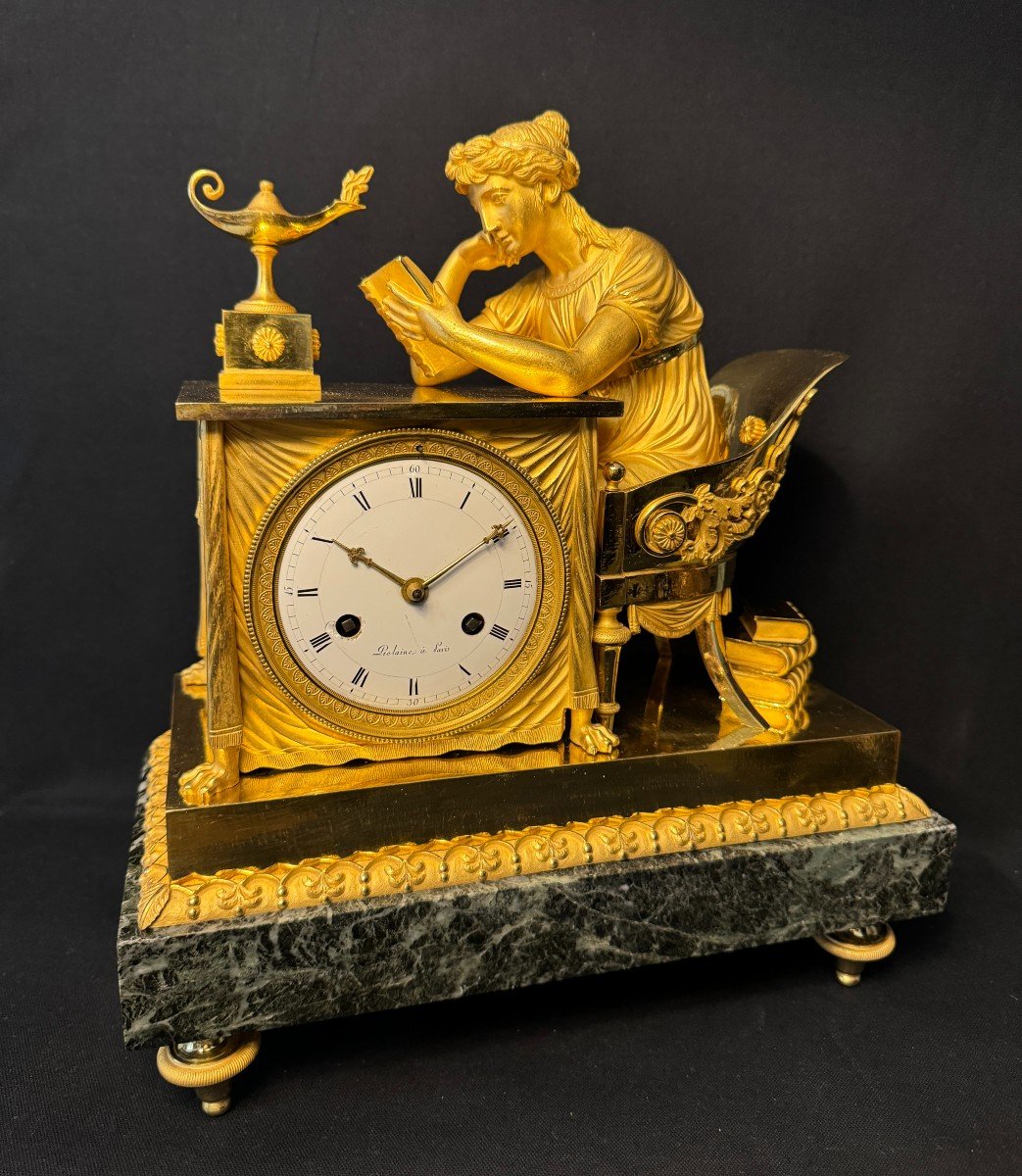 Clock ''la Liseuse'' In Gilded Bronze By Ja Reiche, Empire Period-photo-5