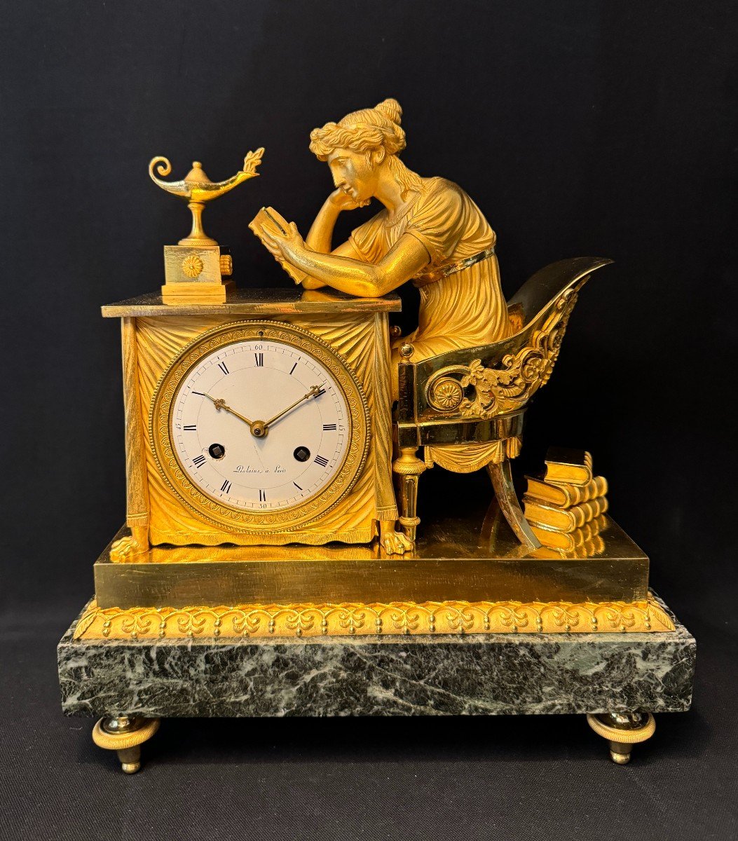 Clock ''la Liseuse'' In Gilded Bronze By Ja Reiche, Empire Period-photo-6