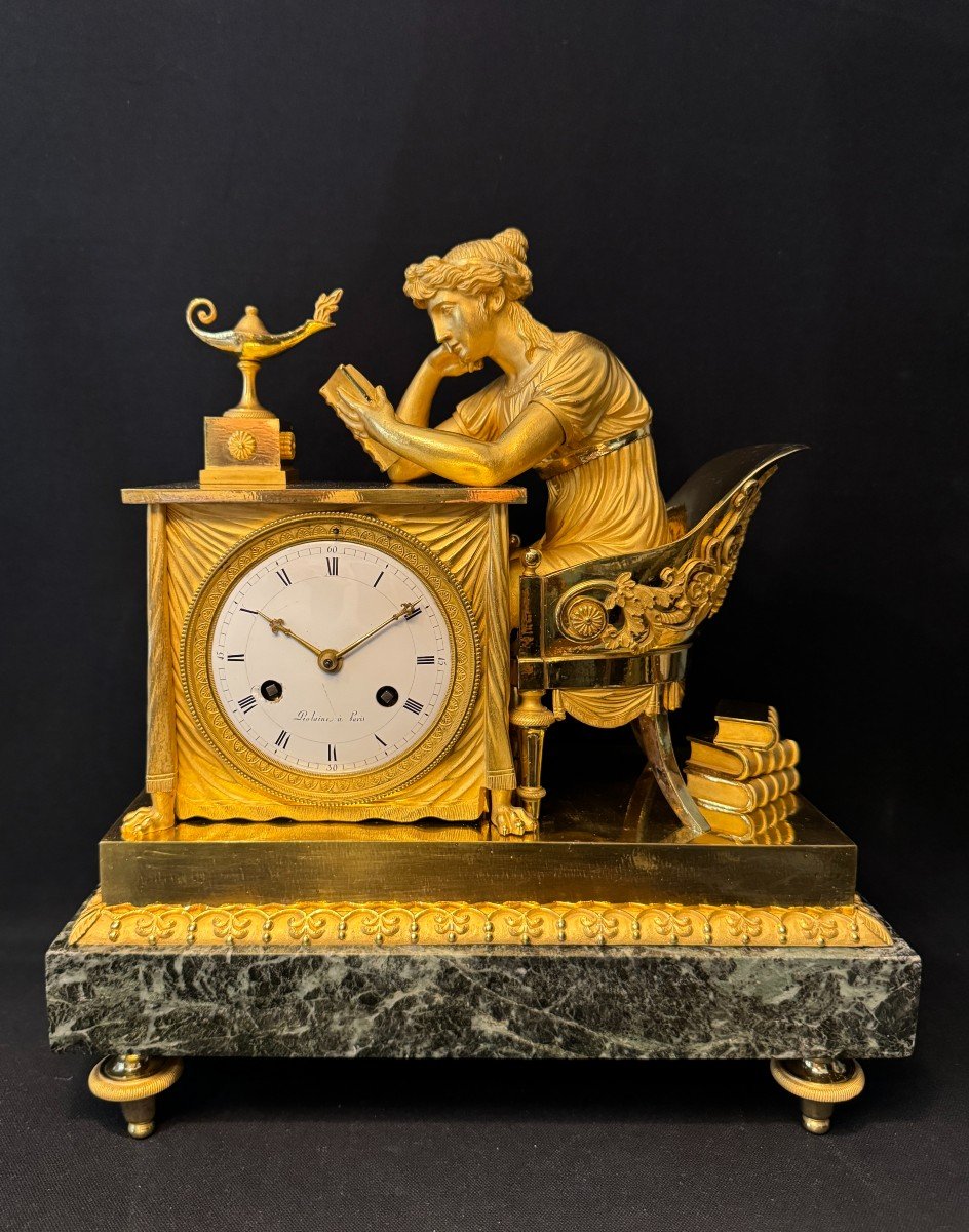 Clock ''la Liseuse'' In Gilded Bronze By Ja Reiche, Empire Period