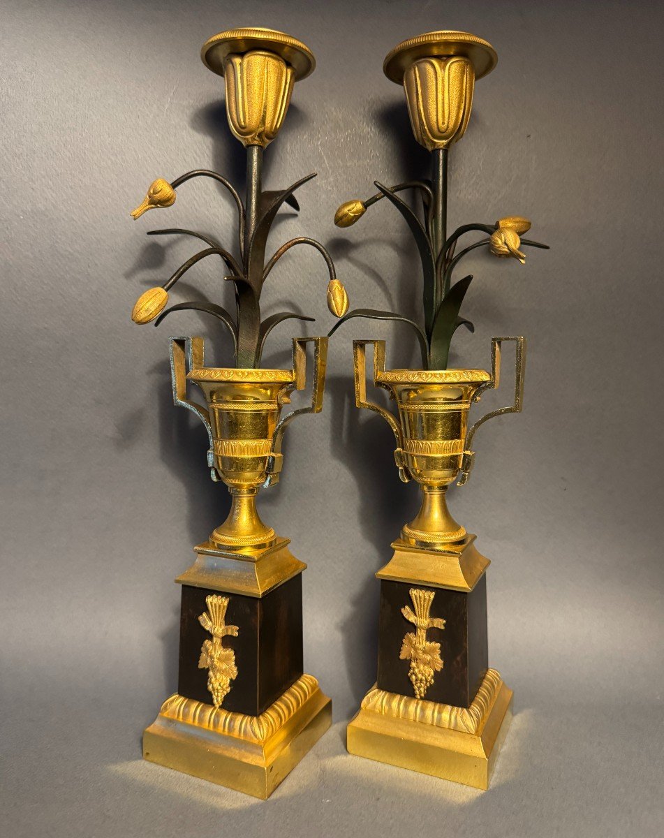 Paire de flambeaux Empire "Vases Médicis aux tulipes" bougeoirs bronze-photo-2