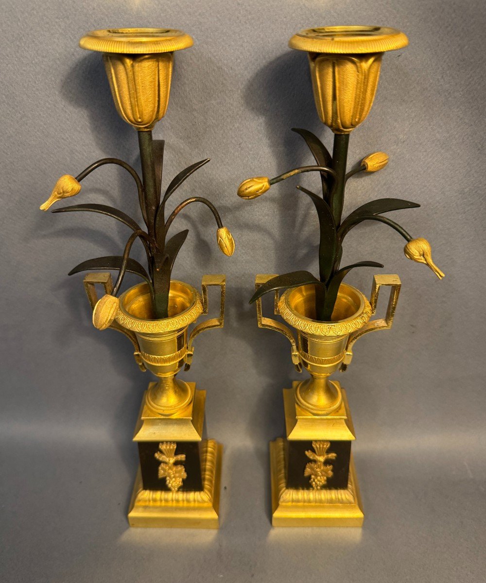 Paire de flambeaux Empire "Vases Médicis aux tulipes" bougeoirs bronze-photo-3