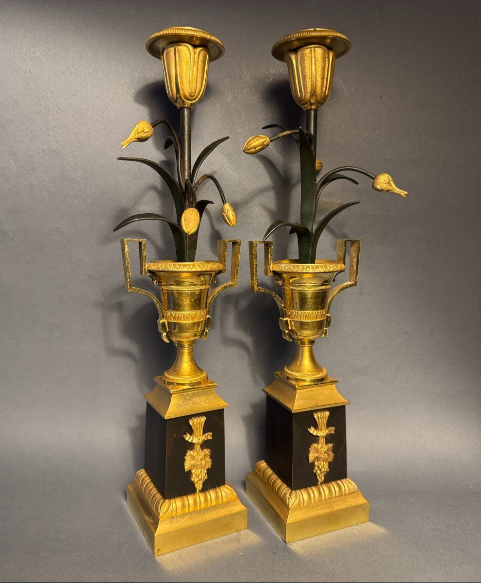 Paire de flambeaux Empire "Vases Médicis aux tulipes" bougeoirs bronze-photo-4