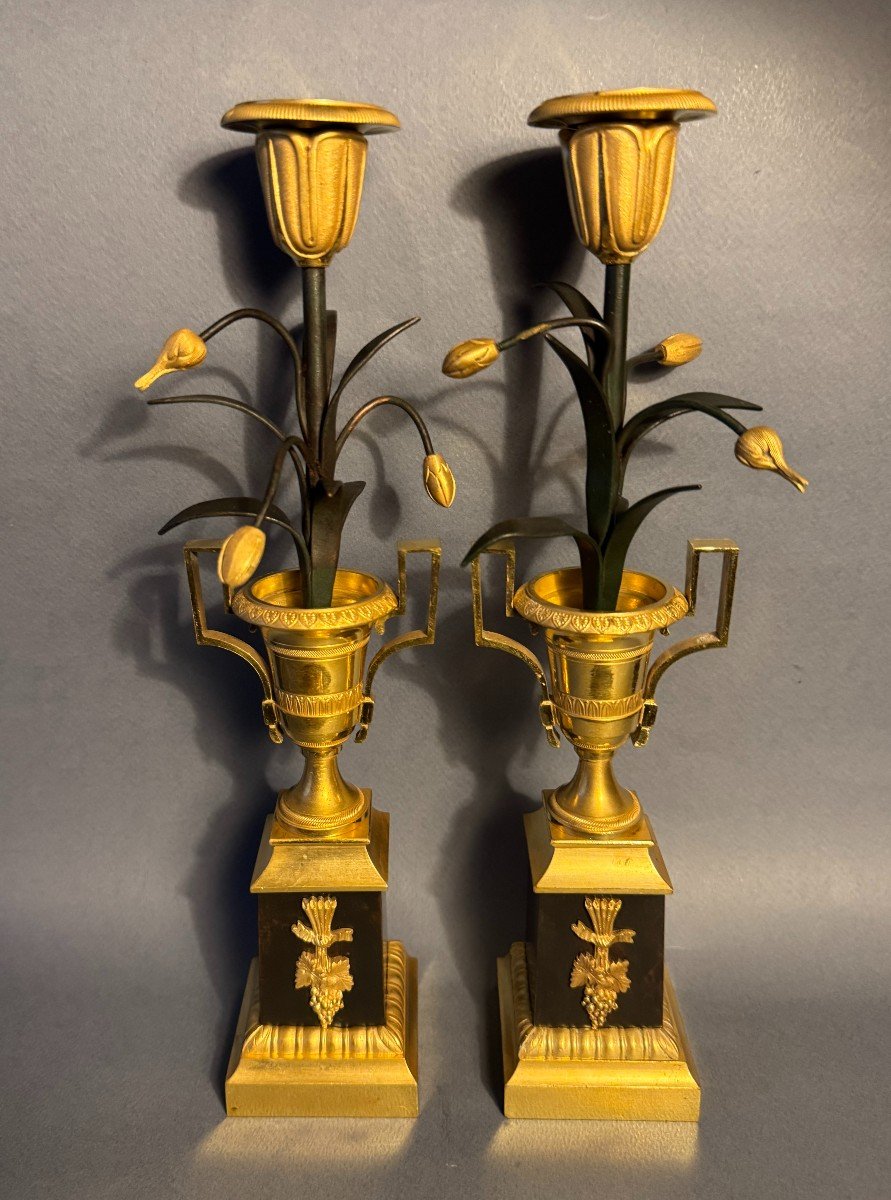 Paire de flambeaux Empire "Vases Médicis aux tulipes" bougeoirs bronze-photo-1