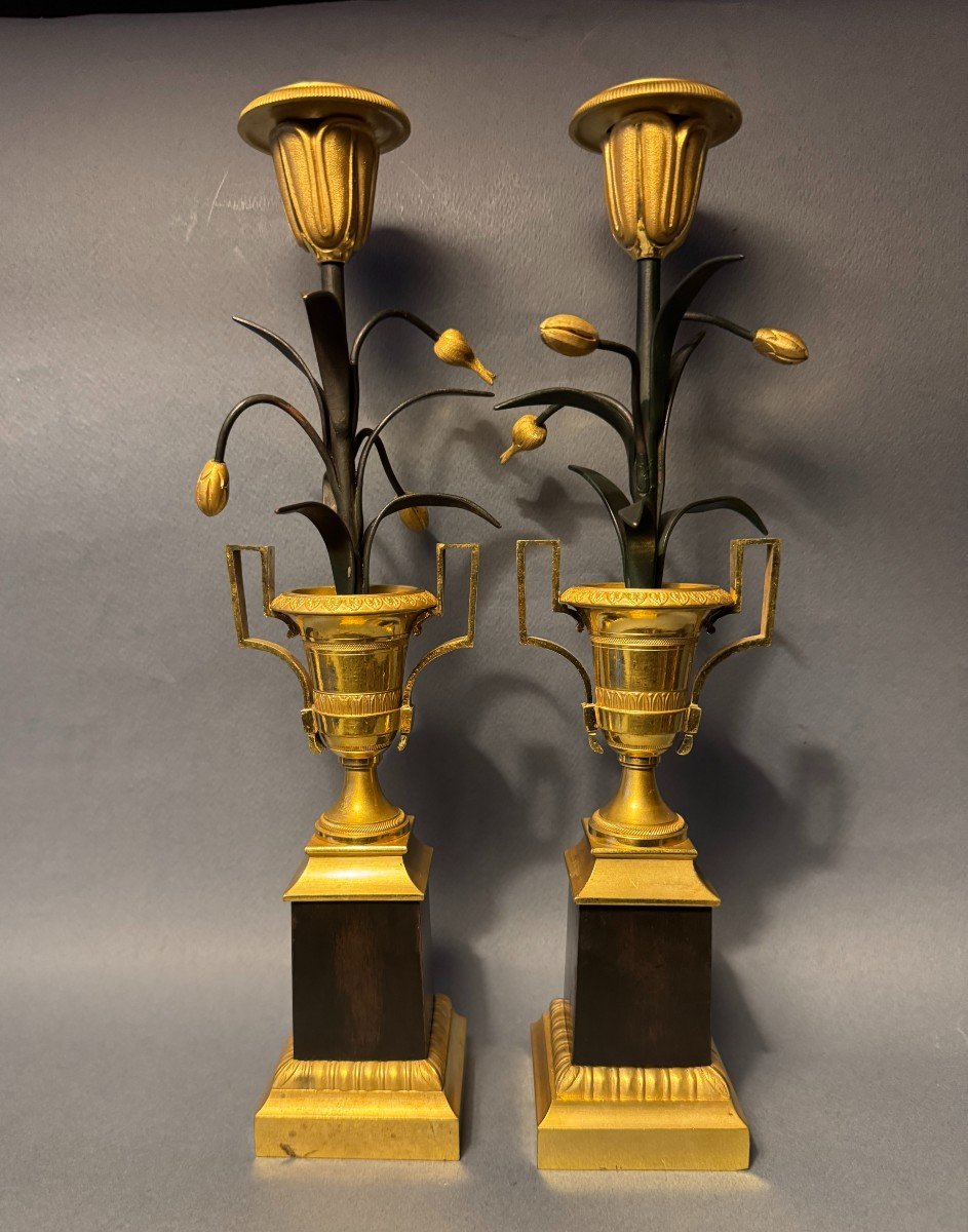 Paire de flambeaux Empire "Vases Médicis aux tulipes" bougeoirs bronze-photo-3