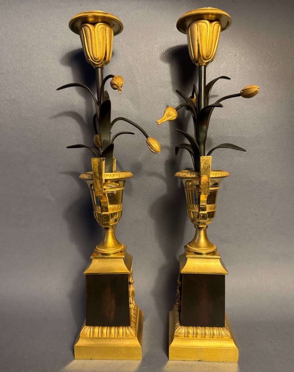 Paire de flambeaux Empire "Vases Médicis aux tulipes" bougeoirs bronze-photo-4