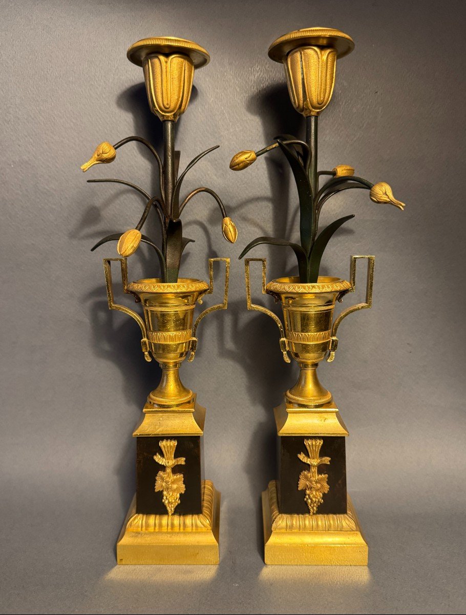 Pair Of Empire Candlesticks "medici Vases With Tulips" Bronze Candlesticks