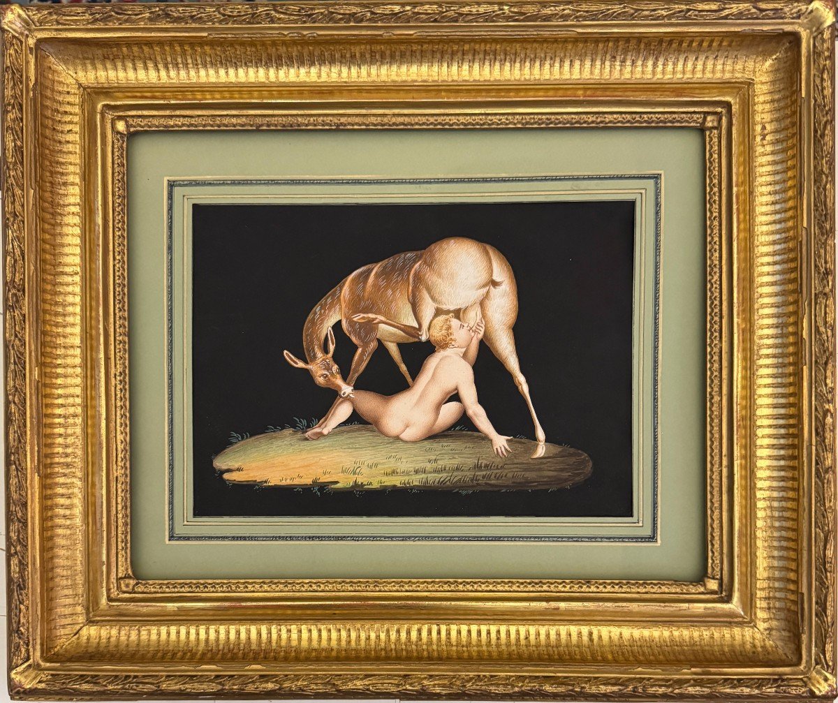 Gouache Napolitaine 19ème -Jeune homme tétant une biche, Télèphe - Pompéi