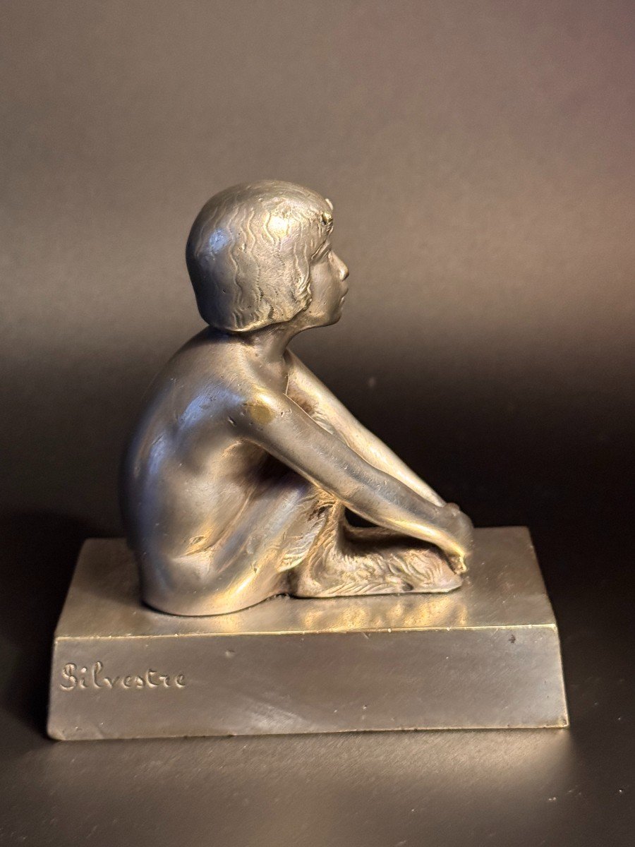 Paul Silvestre. Sculpture ArtDeco "Jeune faunesse" en bronze argenté-photo-4