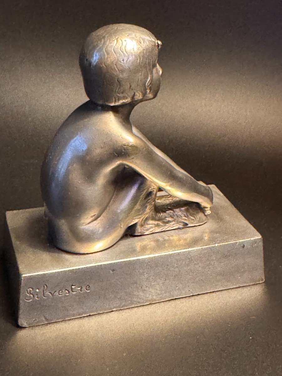 Paul Silvestre. Sculpture ArtDeco "Jeune faunesse" en bronze argenté-photo-1