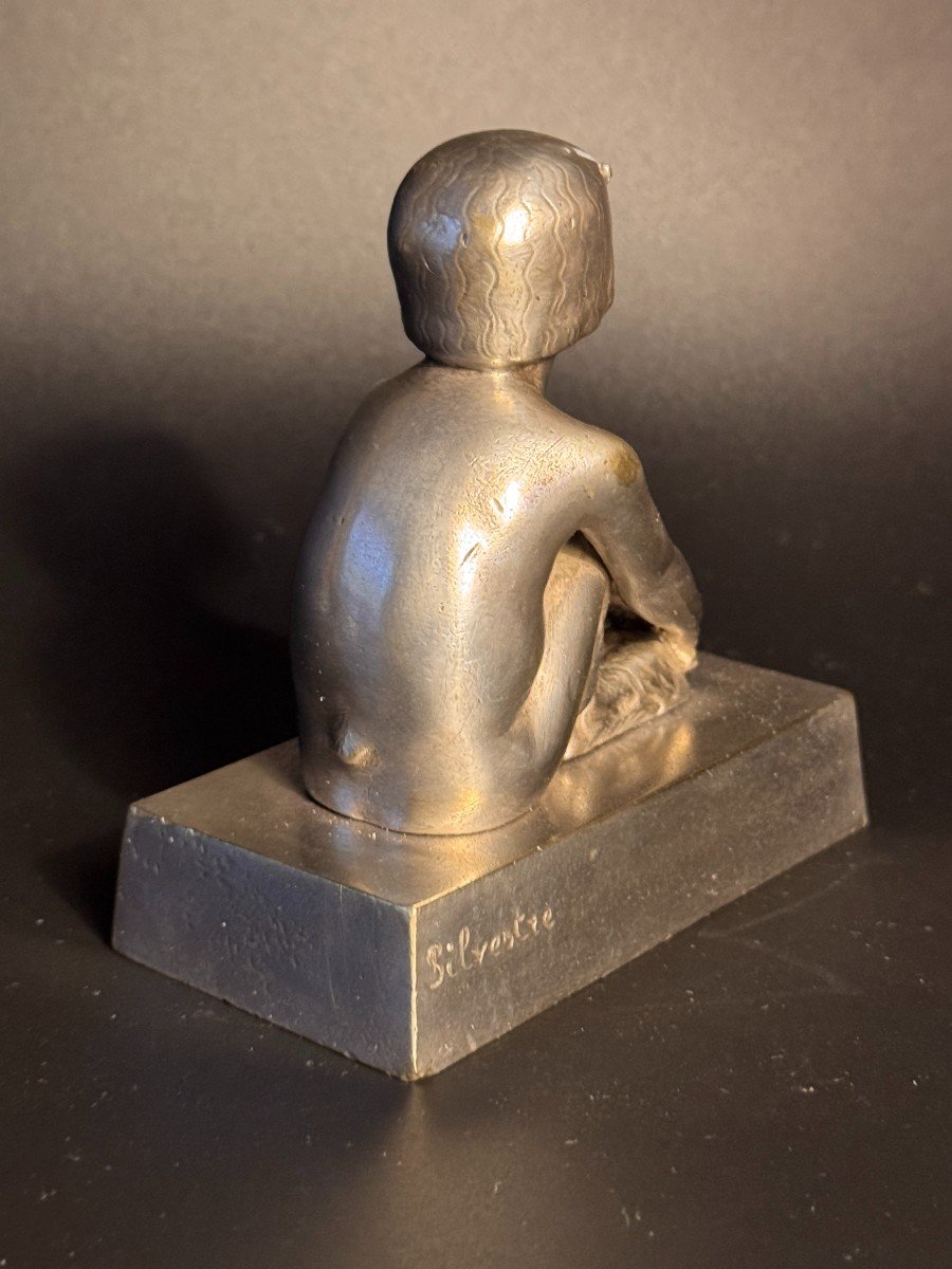 Paul Silvestre. Sculpture ArtDeco "Jeune faunesse" en bronze argenté-photo-3