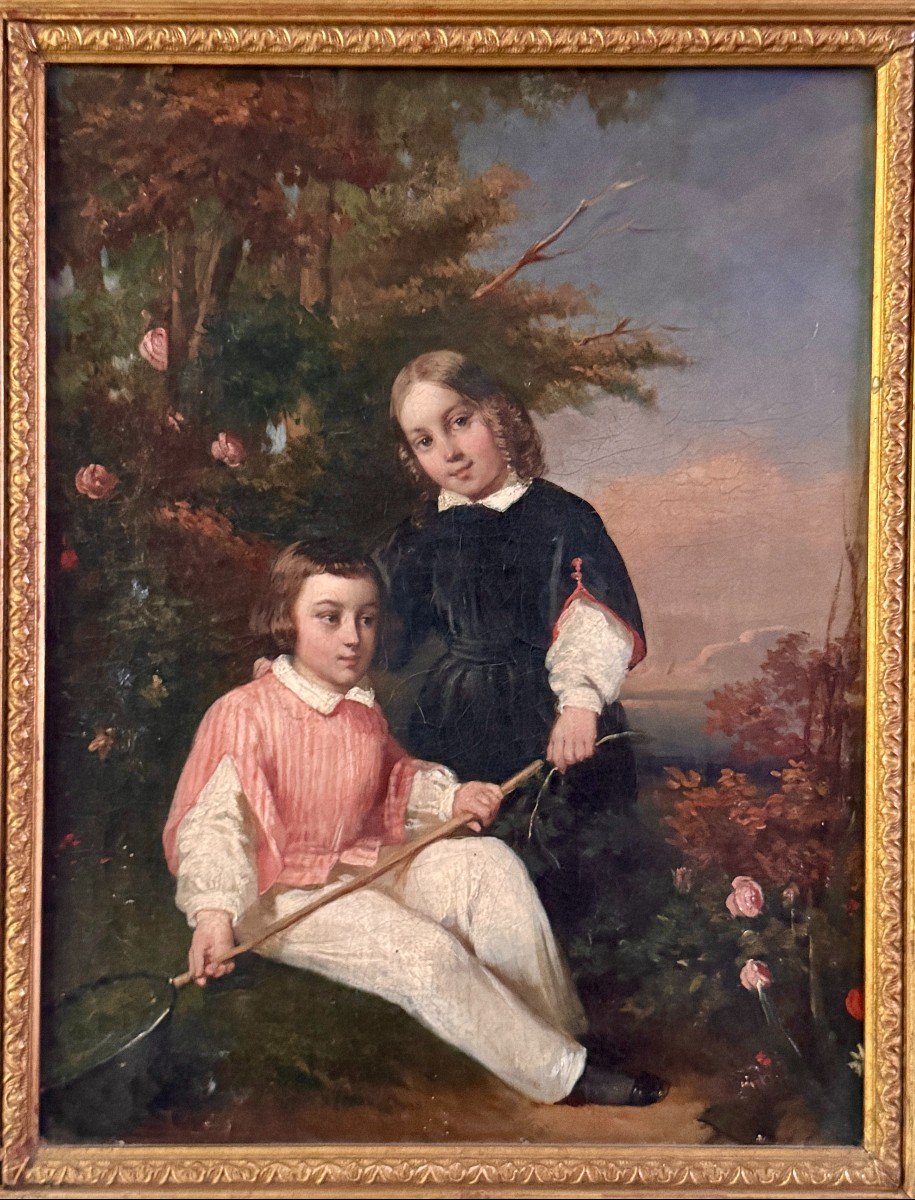 Portrait en pied d’enfants - La chasse aux papillons - Toile XIXème-photo-2