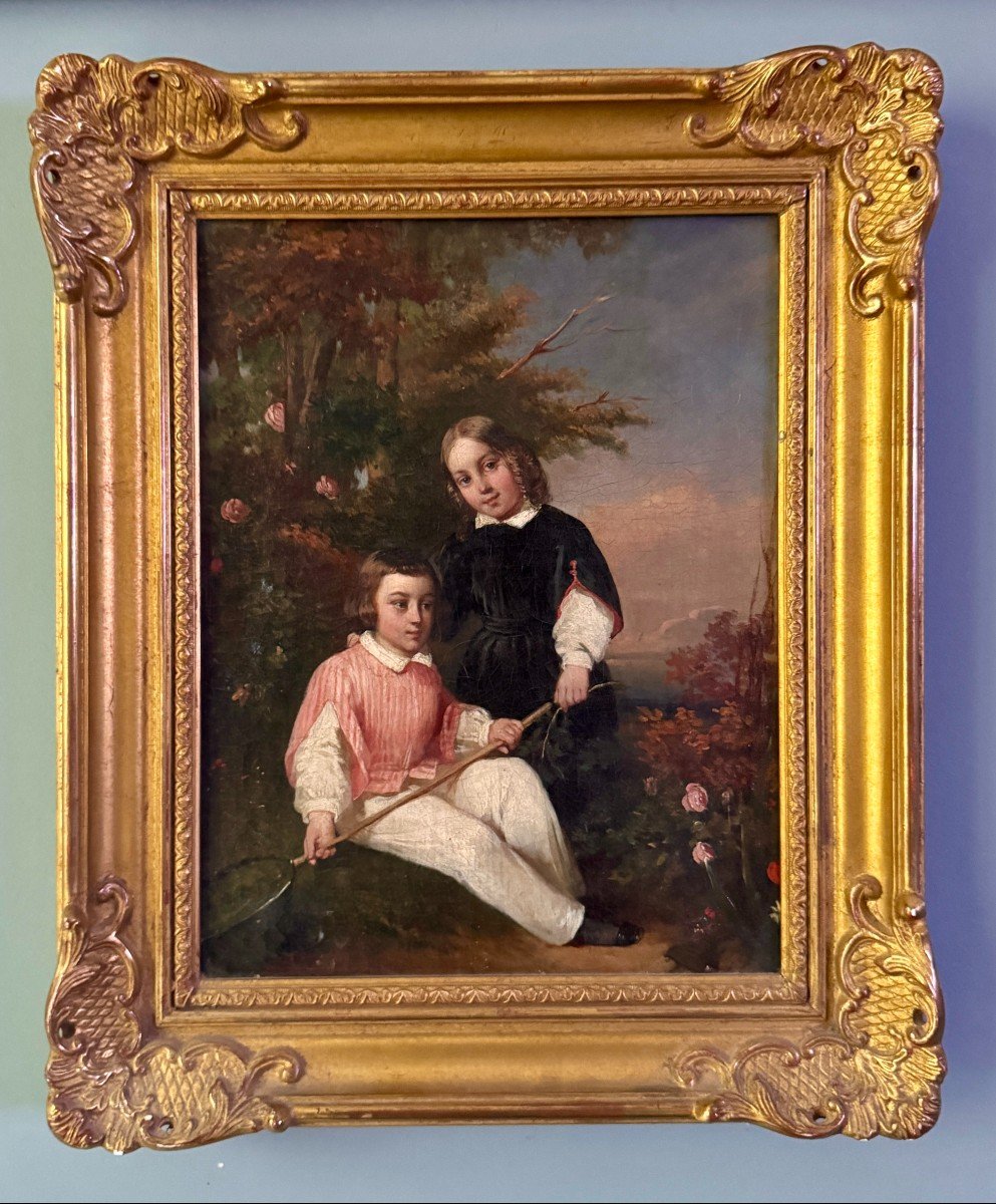 Portrait en pied d’enfants - La chasse aux papillons - Toile XIXème