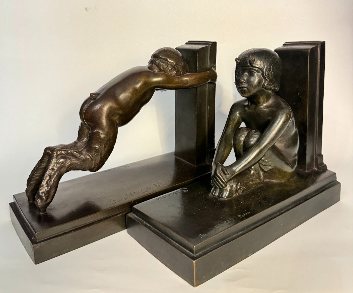 Pair Of Artdeco Bookends - Small Bronze Fauns - Paul Silvestre - Susse Frères-photo-2