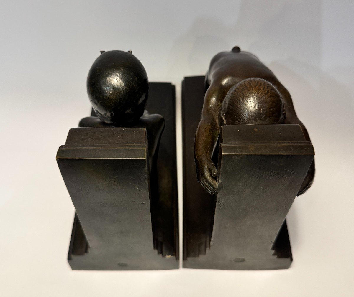 Pair Of Artdeco Bookends - Small Bronze Fauns - Paul Silvestre - Susse Frères-photo-1