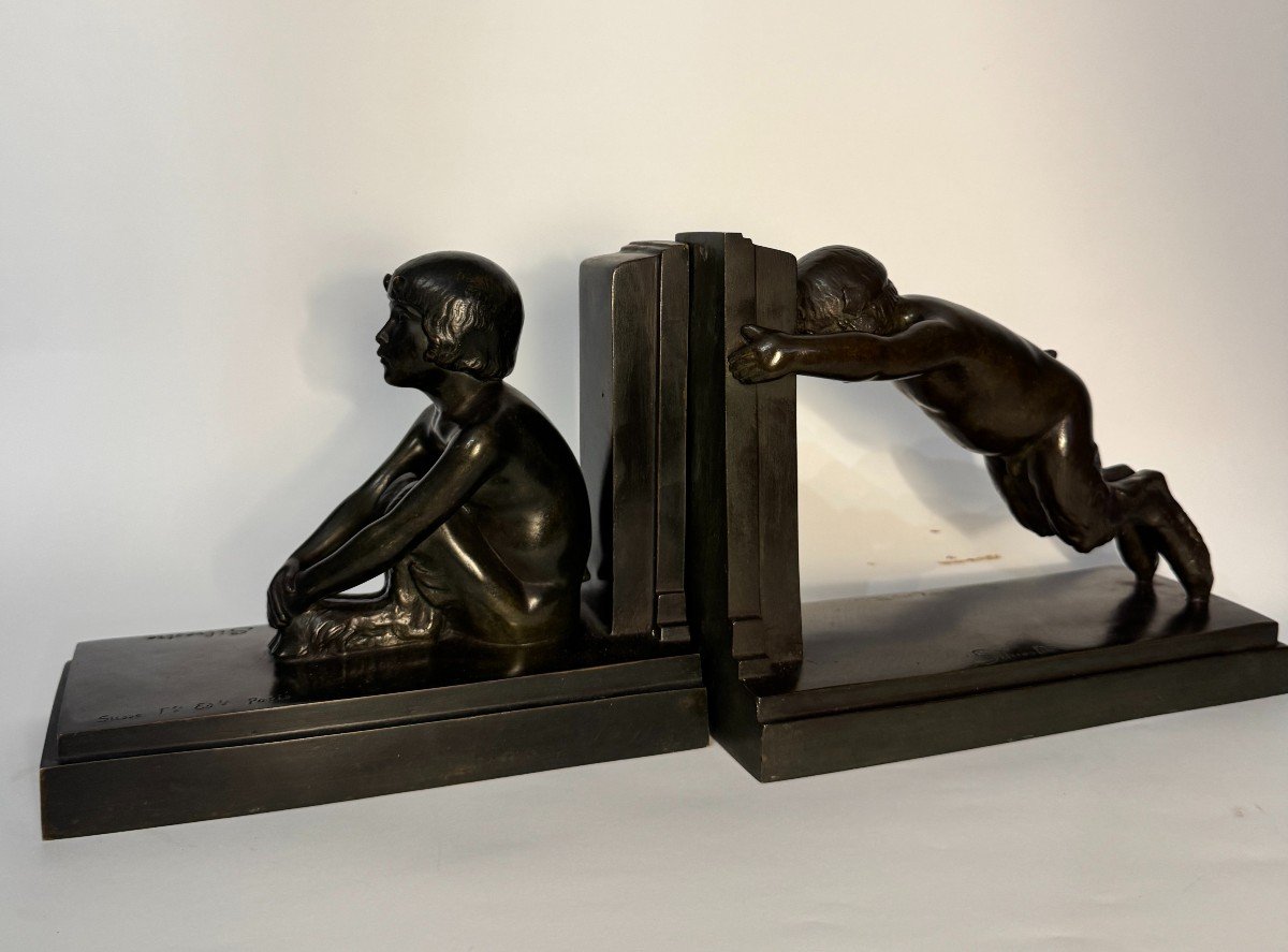 Pair Of Artdeco Bookends - Small Bronze Fauns - Paul Silvestre - Susse Frères-photo-3