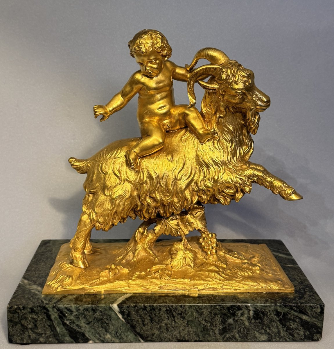 Gilt Bronze Sculpture Of Bacchus Child Or Putto On A Goat, 19th Century-photo-2