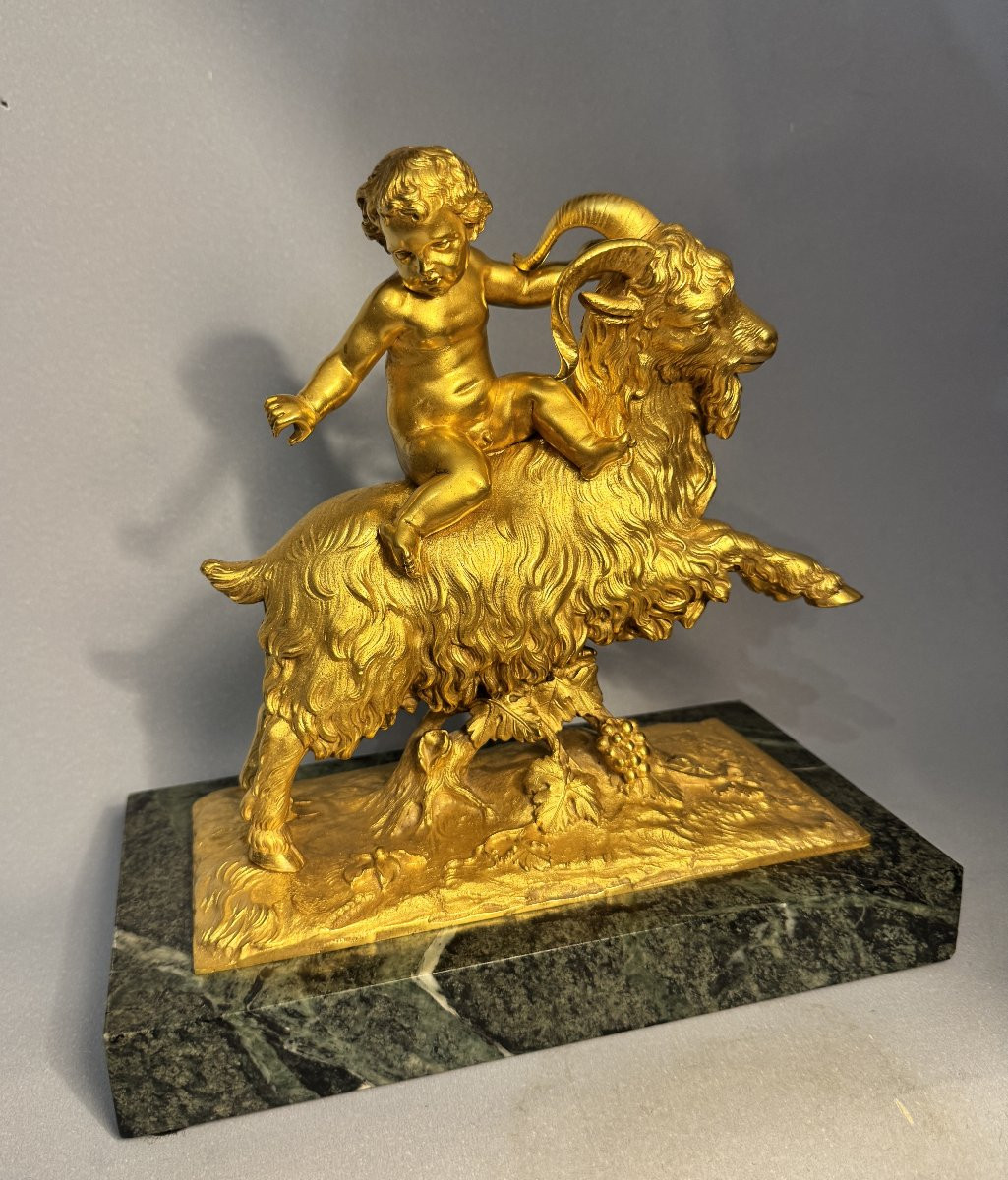 Gilt Bronze Sculpture Of Bacchus Child Or Putto On A Goat, 19th Century-photo-3