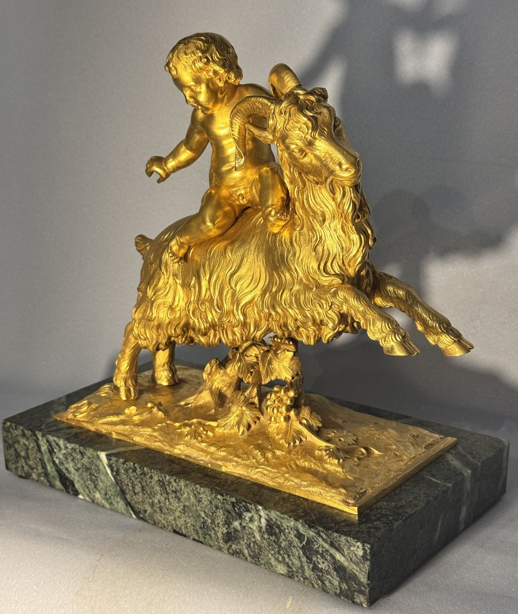 Gilt Bronze Sculpture Of Bacchus Child Or Putto On A Goat, 19th Century-photo-4