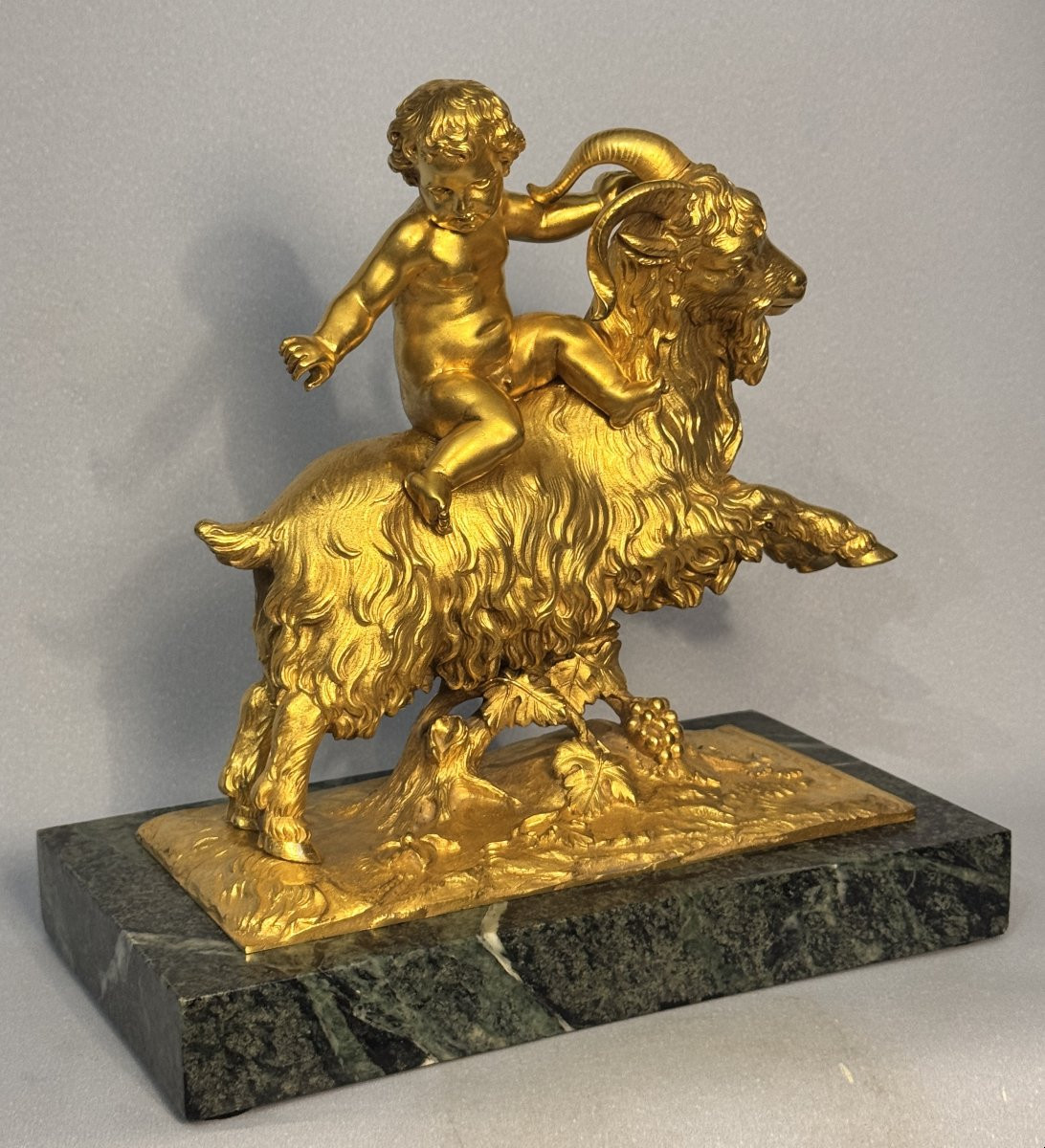 Gilt Bronze Sculpture Of Bacchus Child Or Putto On A Goat, 19th Century-photo-1