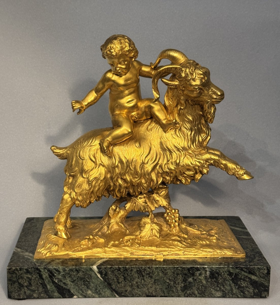 Gilt Bronze Sculpture Of Bacchus Child Or Putto On A Goat, 19th Century-photo-2