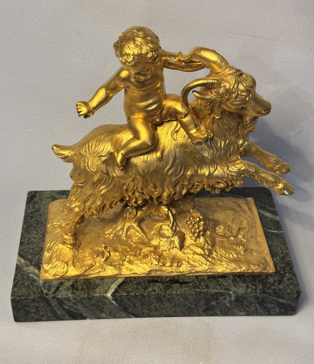 Gilt Bronze Sculpture Of Bacchus Child Or Putto On A Goat, 19th Century-photo-3