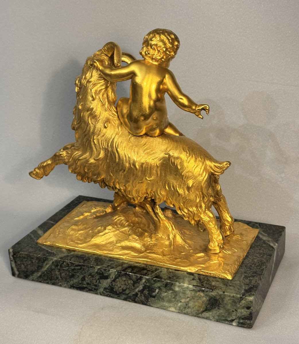 Gilt Bronze Sculpture Of Bacchus Child Or Putto On A Goat, 19th Century-photo-4