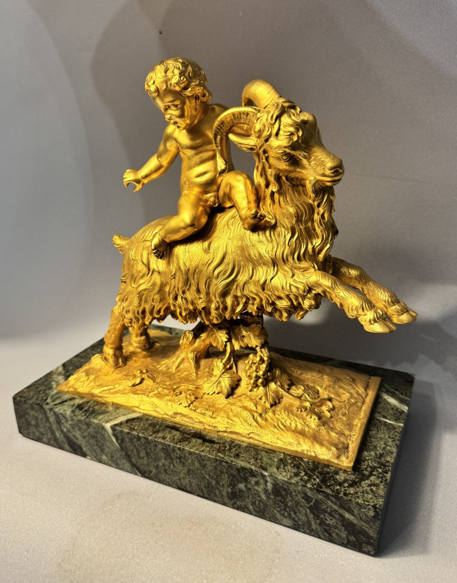 Gilt Bronze Sculpture Of Bacchus Child Or Putto On A Goat, 19th Century