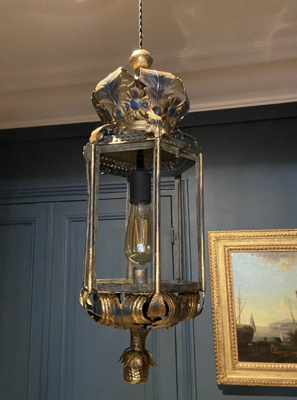 Lanterne en tole polychrome et doré (lustre métal) -photo-2