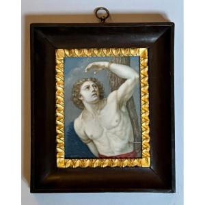 Large Miniature "saint Sebastian" Gouache On Ivory 19th Century