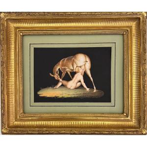 Gouache Napolitaine 19ème -Jeune homme tétant une biche, Télèphe - Pompéi