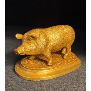 Sculpture animalière en bronze doré ‘Cochon’ fin XIXème