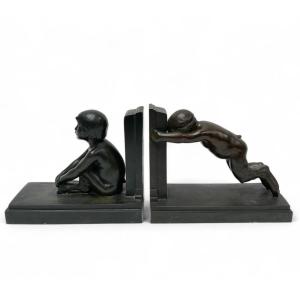 Pair Of Artdeco Bookends - Small Bronze Fauns - Paul Silvestre - Susse Frères