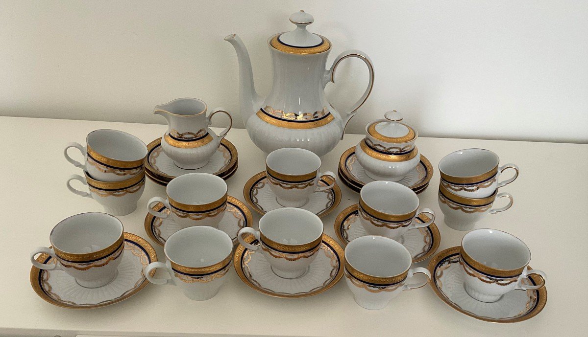 Porcelain Table And Coffee Service With Gold And Blue Decor