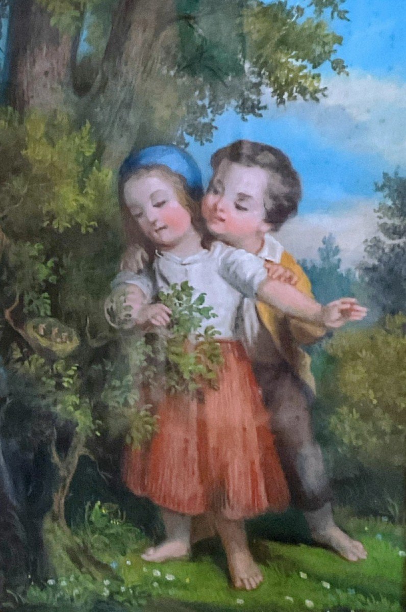 Watercolor Painting Of A Couple Of Children, 19th Century-photo-2