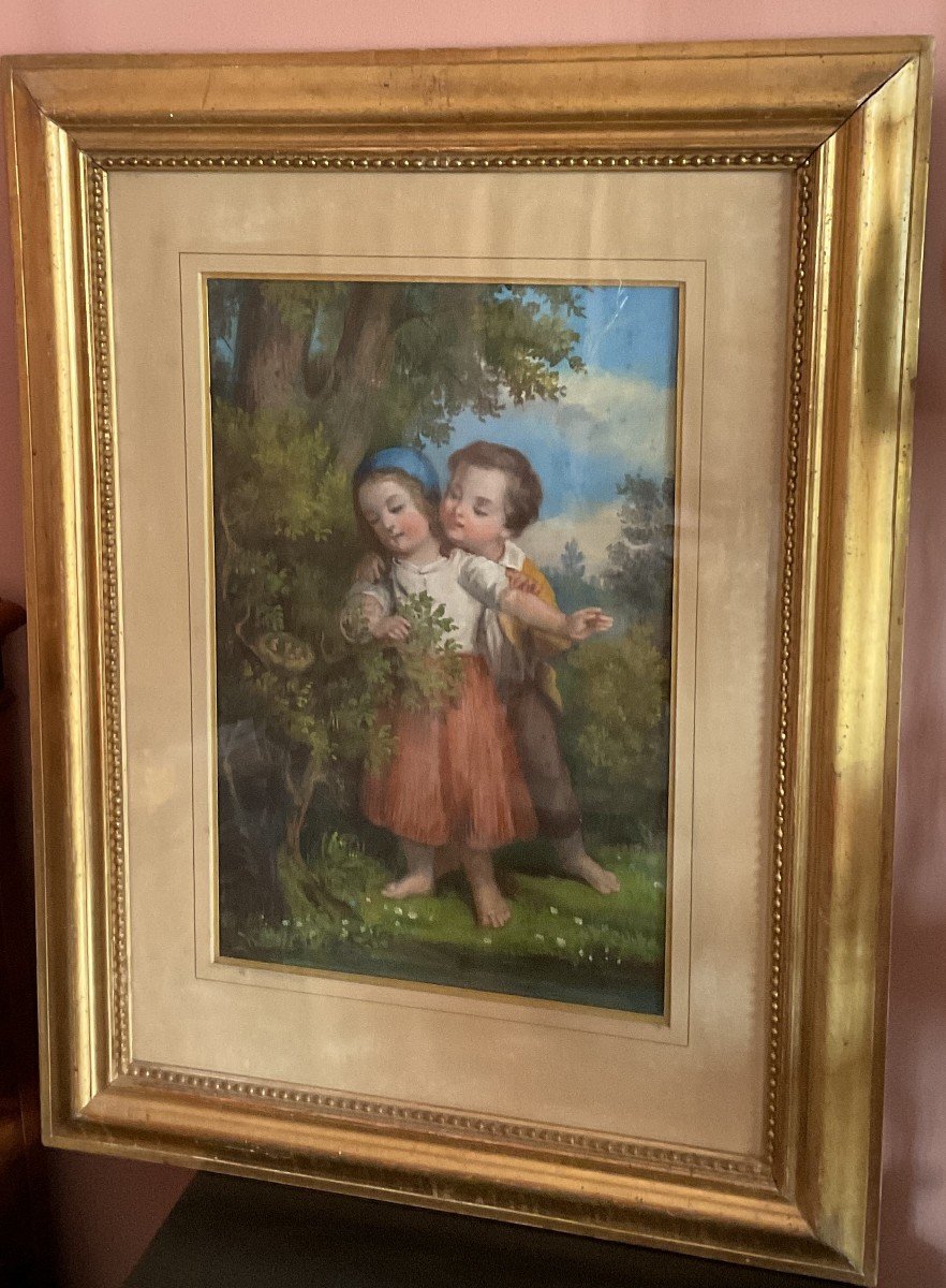 Watercolor Painting Of A Couple Of Children, 19th Century-photo-3