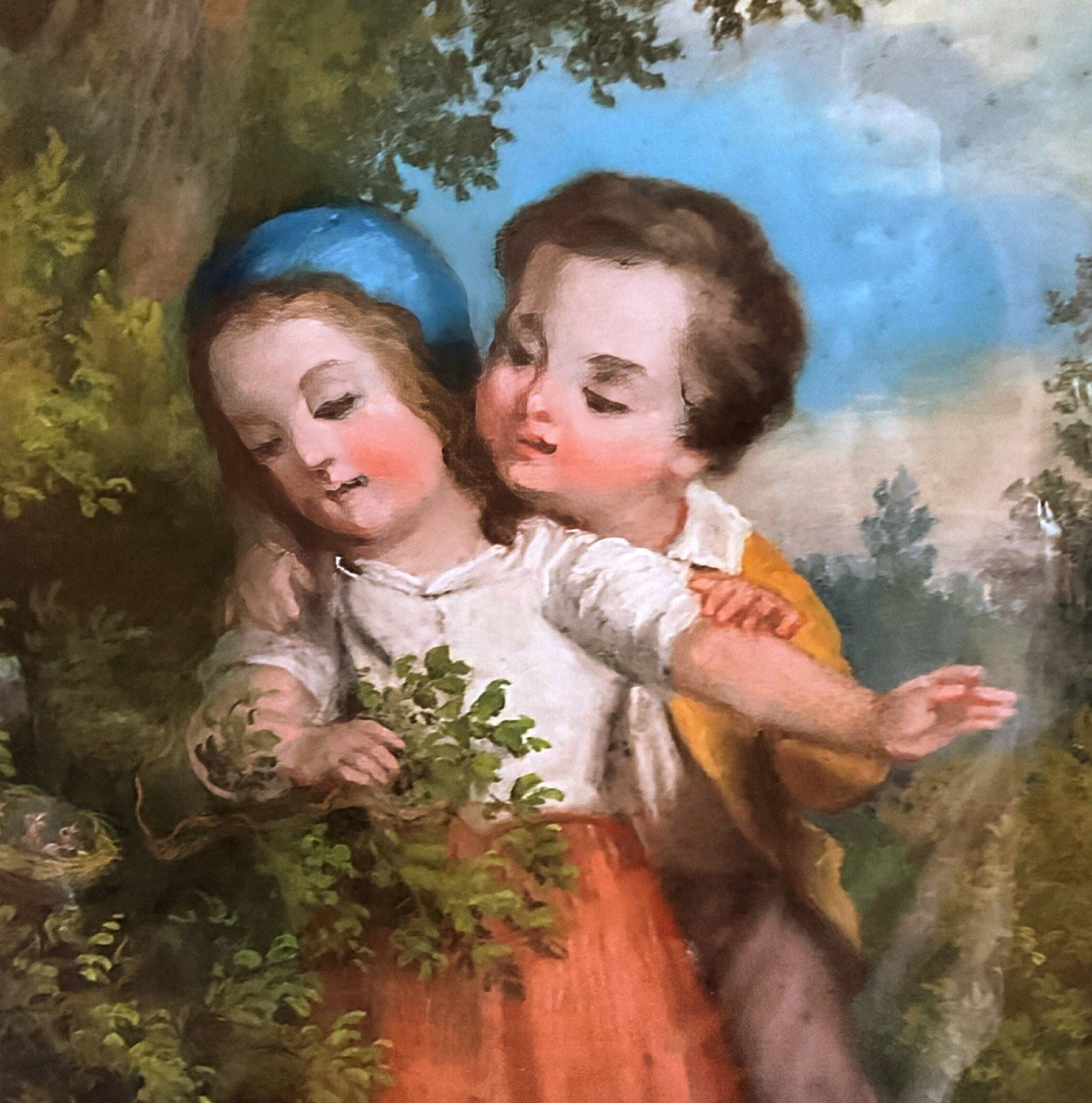 Watercolor Painting Of A Couple Of Children, 19th Century-photo-4