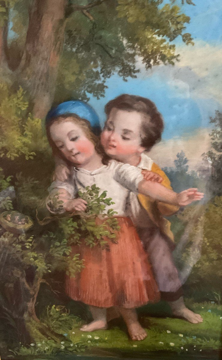 Watercolor Painting Of A Couple Of Children, 19th Century-photo-1