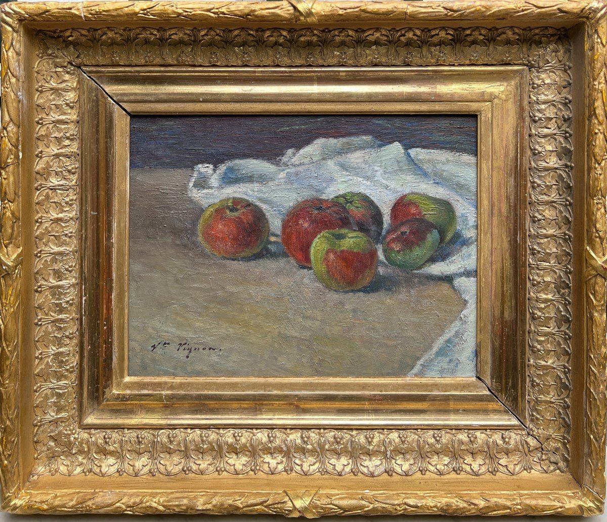 Victor Vignon (1847-1909) - Nature Morte Aux Pommes Et à La Nappe, Circa 1890