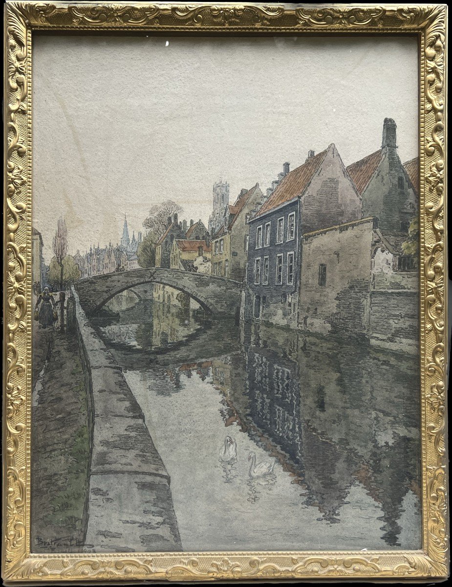 Jules Louis Berteault (xix - Died In 1916) - Bruges, Le Quai Vert, 1908