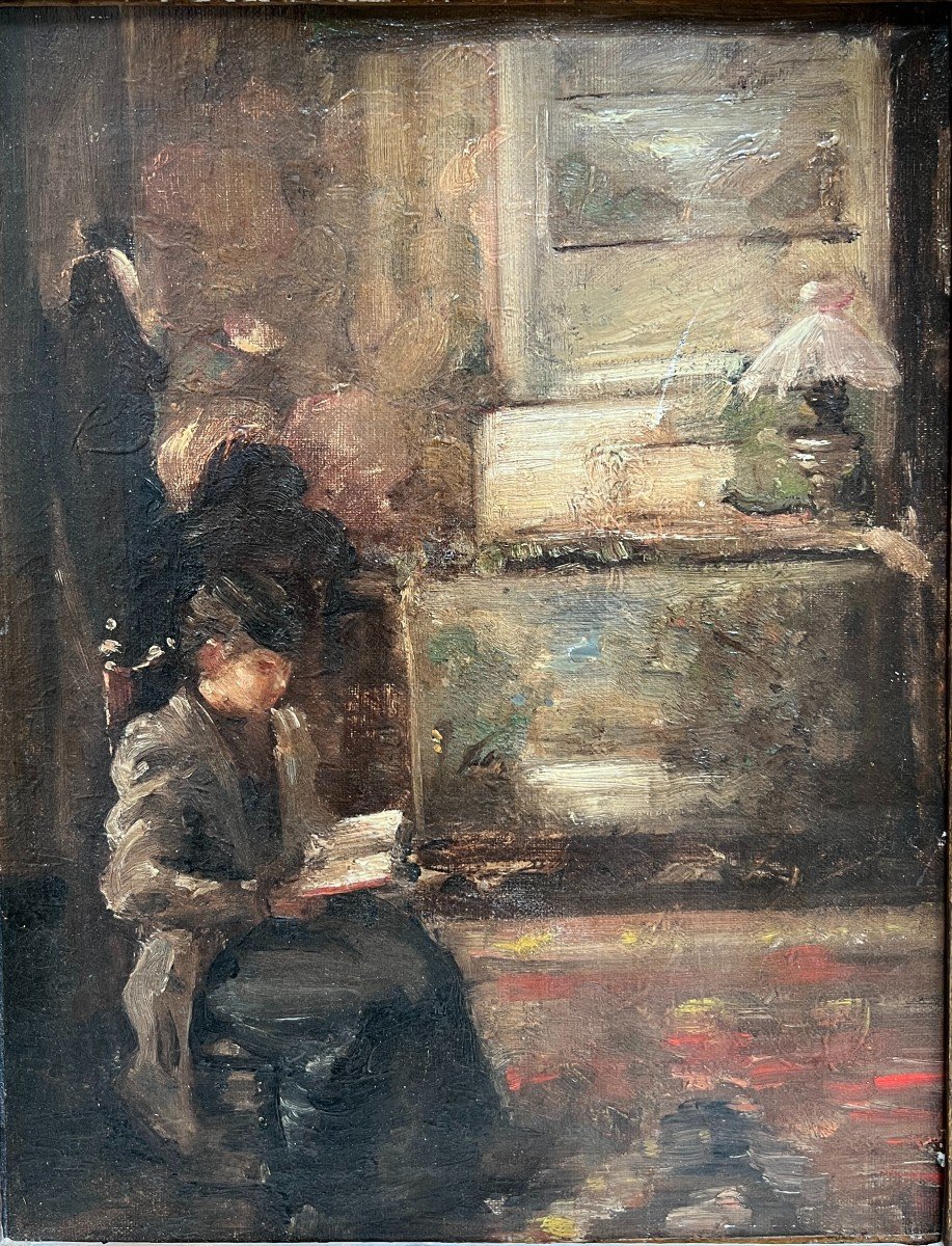 French School Of The 19th Century - Entourage Of Edouard Vuillard Interior, Woman Reading-photo-2