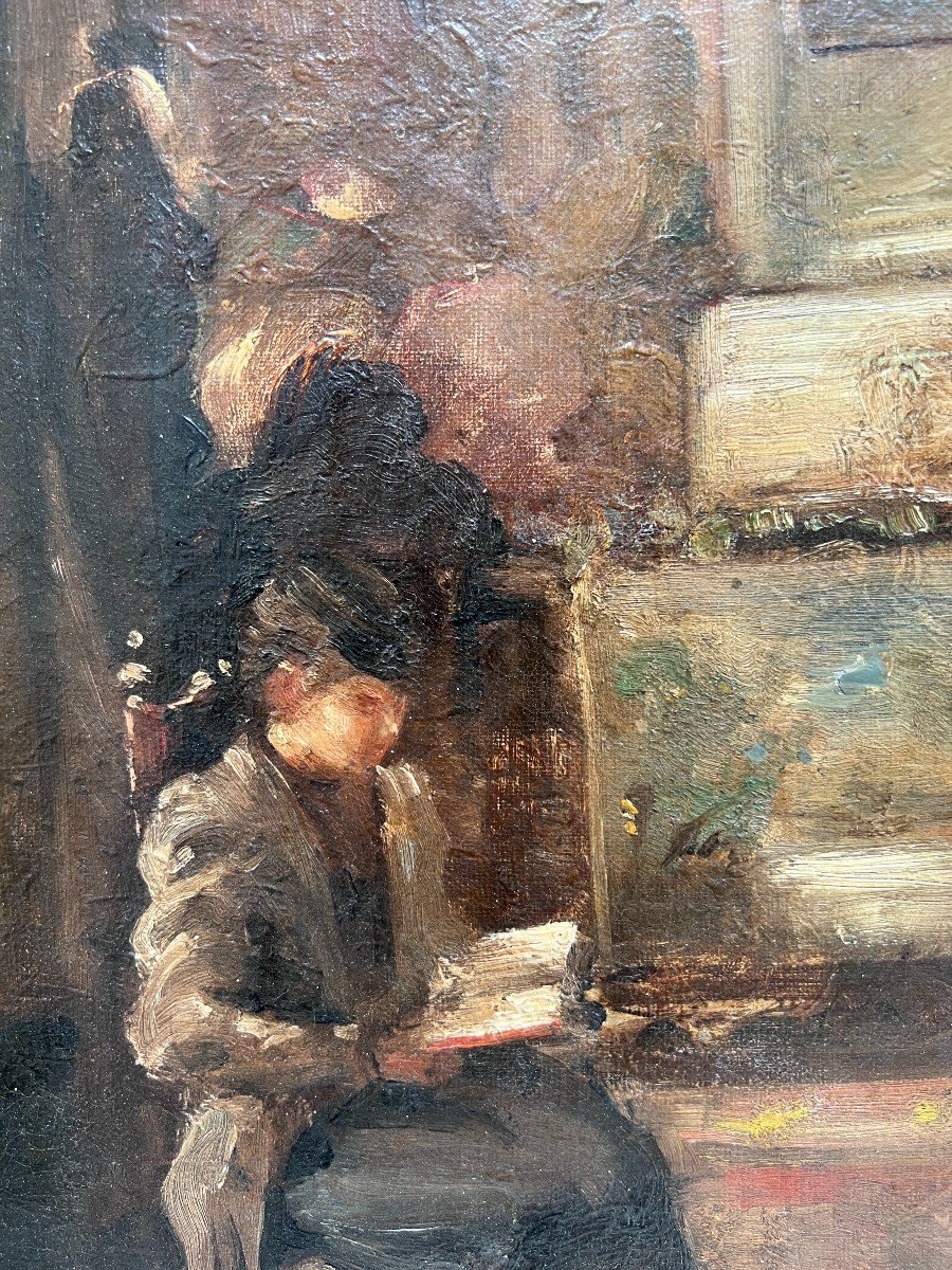 French School Of The 19th Century - Entourage Of Edouard Vuillard Interior, Woman Reading-photo-3