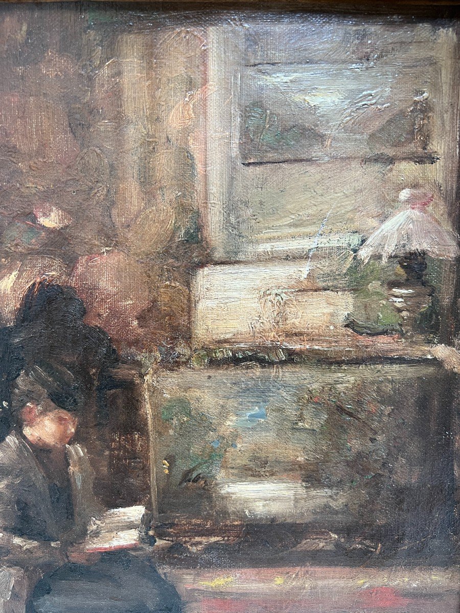 French School Of The 19th Century - Entourage Of Edouard Vuillard Interior, Woman Reading-photo-4