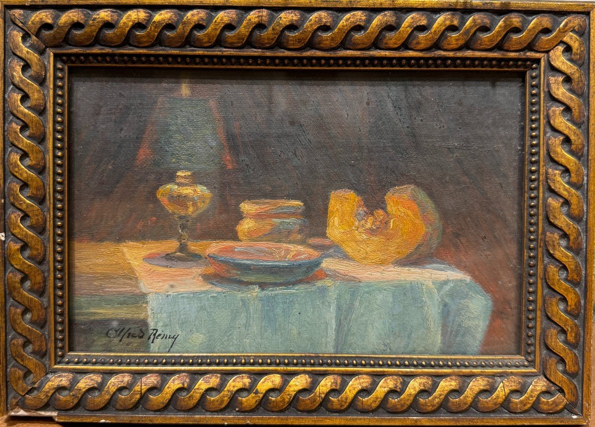 Alfred Remy (xix-xx) - Nature Morte à La Lampe, l'Assiette à Soupe Et Au Potimaron, Circa 1890