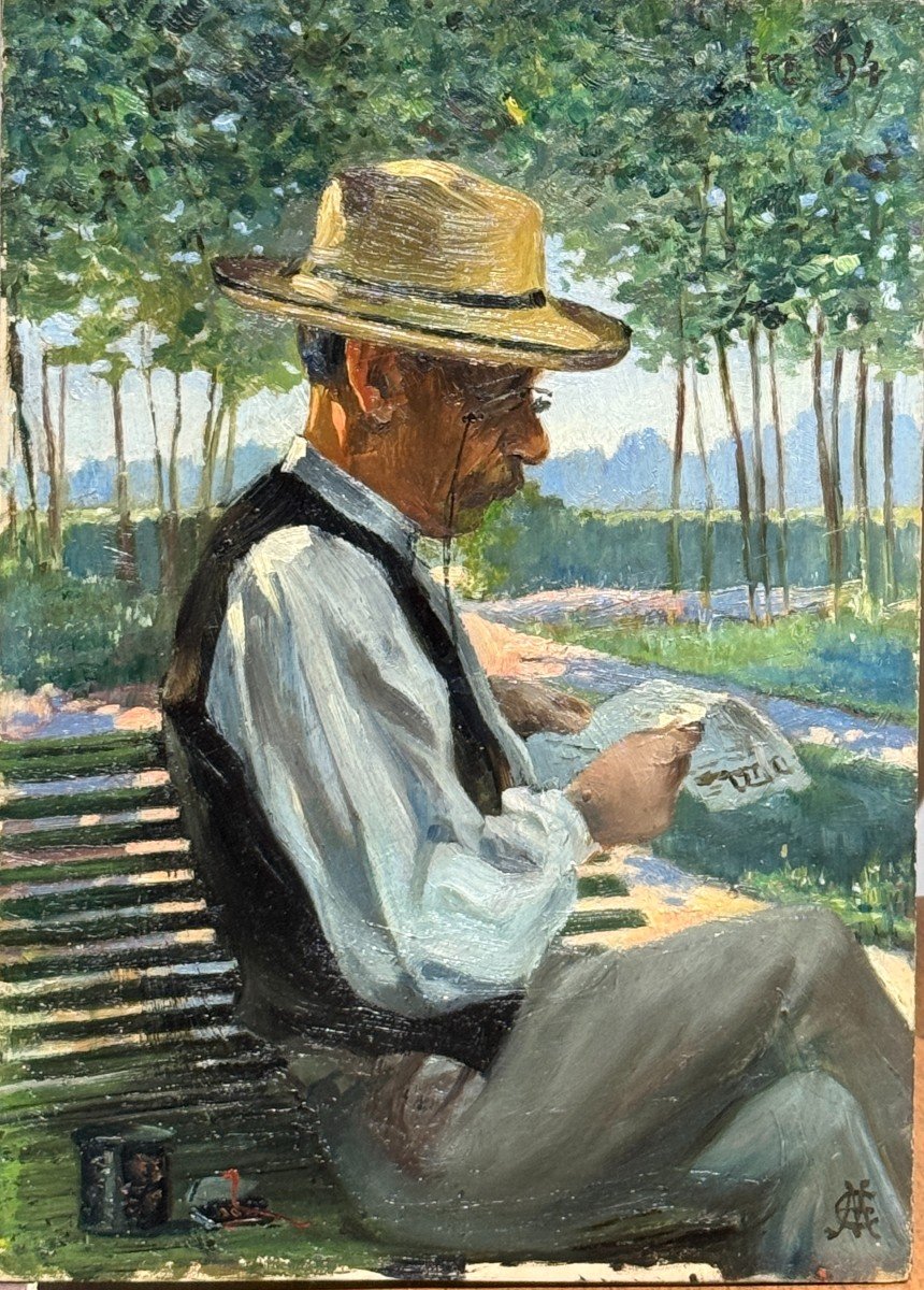 French Impressionist School - Summer 1894, Man With Journal - Monogrammed