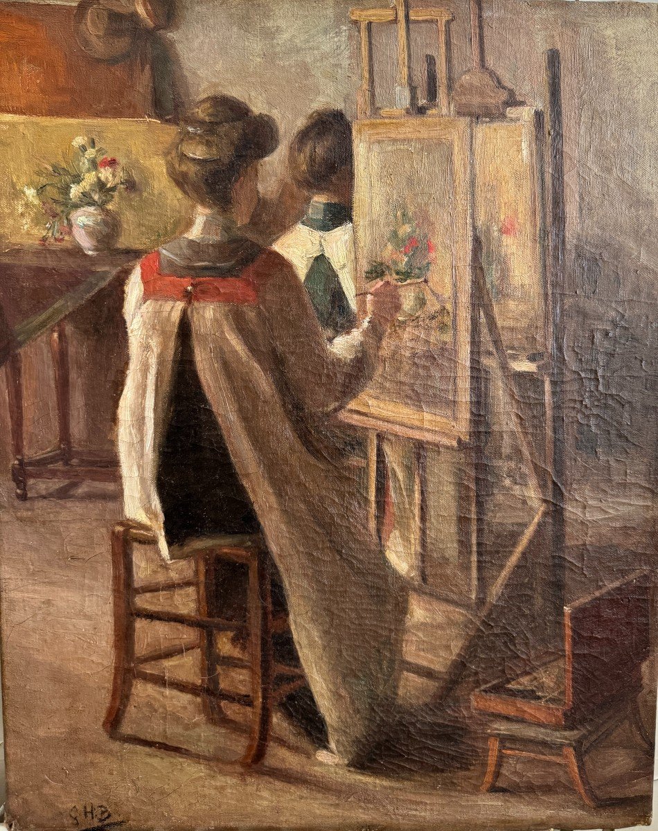 European School Around 1900 - Women Painters In The Workshop - Ghb Monogram