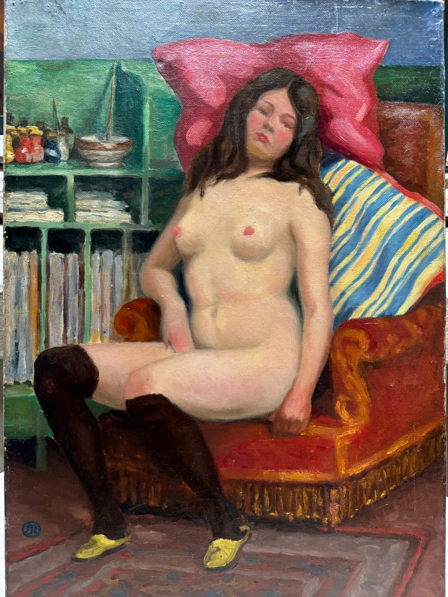 Ecole Française Fauve - Nu Au Fauteuil à l'Atelier, Circa 1910 - Monogramme