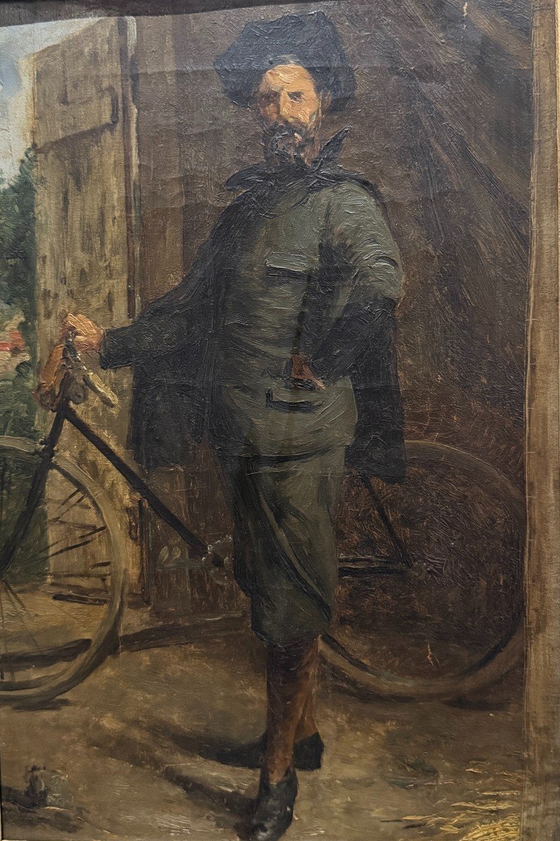 Ecole Fran&ccedil;aise Vers 1890 - Portrait d&#039;Artiste &agrave; La Bicyclette -photo-4